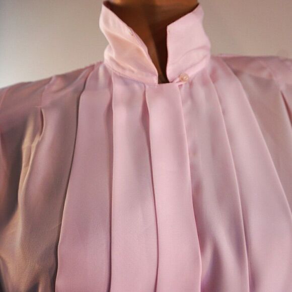Marlis Vintage Blouse Sz 8 Pleated Front Long Sleeve Blush Pink Shoulder Pads - Picture 8 of 10